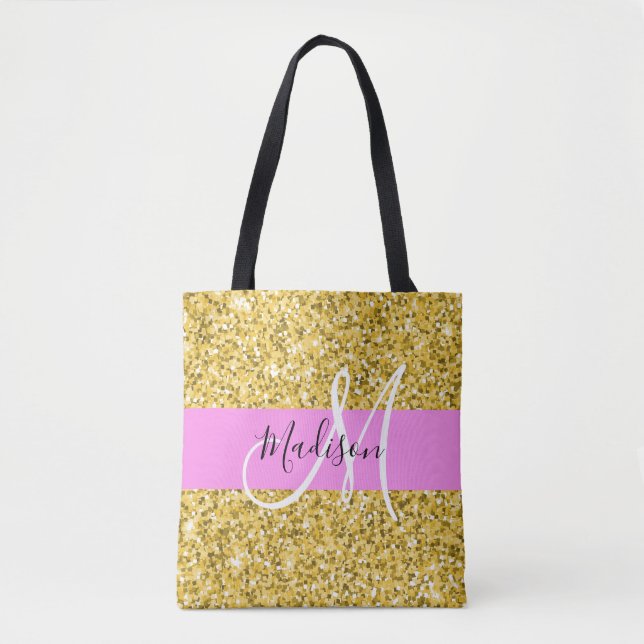 Tote Bag Glam Parties scintillant rose et or étincelles Nom (Devant)