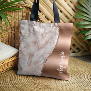 Tote Bag Glam Rose Gold Blanc Marbre Métallic Nom