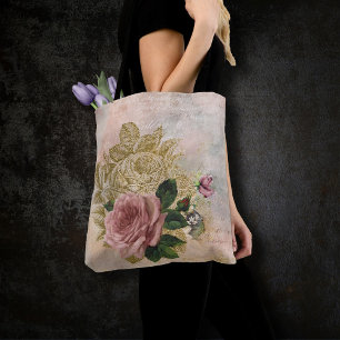 Tote Bag Glam Steampunk Rose rose et or Rustique Floral