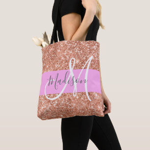 Tote Bag Glamour Féminin Rose Pêche Or Paillettes Monogramm