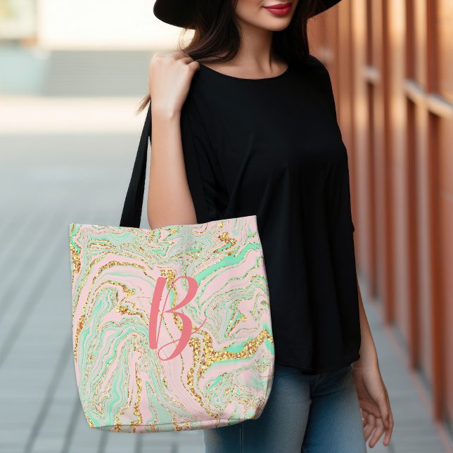 Tote Bag Glamour Moderne Plutôt Rose Mint Or Marbling (Glamorous Modern Pretty Pink Mint Gold Marbling Tote Bag)