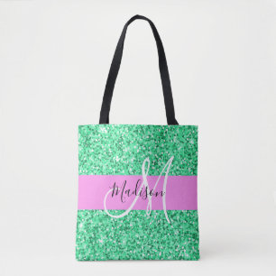Tote Bag Glamour Rose et Vert Paillettes Monogramme Nom