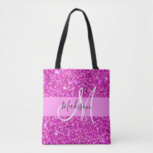 Tote Bag Glamour Rose & Magenta Paillettes Étincelles Monog