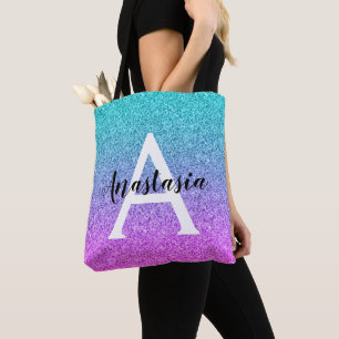 Tote Bag Glamour Violet Aqua Paillettes Brillant Dégradé Mo