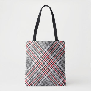 Tote Bag Glen plaid motif. Noir, rouge, blanc goudron trans