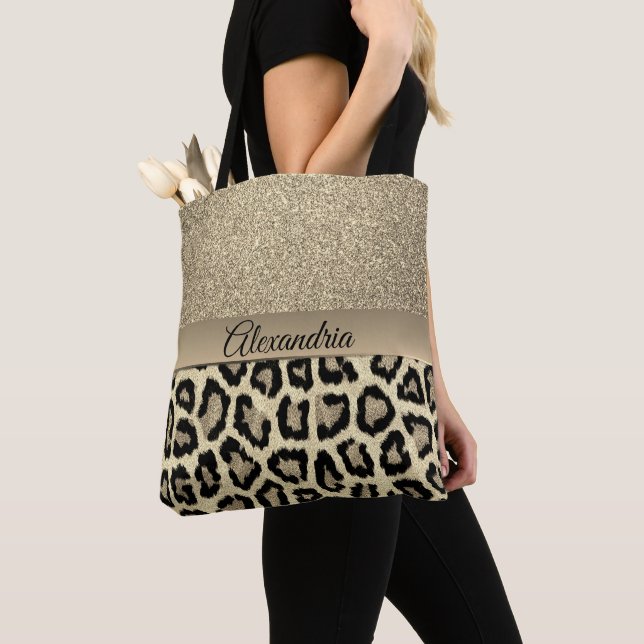 Tote Bag Glittery Gold Empreinte de léopard personnalisé (De près)