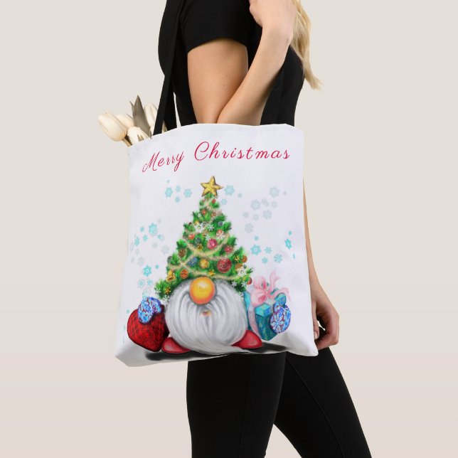 Tote Bag Gnome mignonne avec arbre de Noël Casquette et cad (De près)