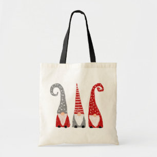 Tote Bag Gnomes de Noël main tiré rouge blanc gris