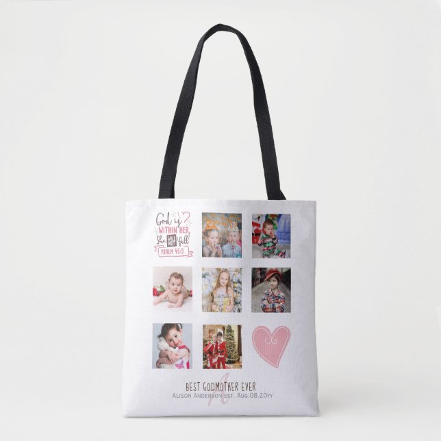 Tote Bag GODMOTHER PHOTO COLLAGE Cadeau avec verset peut mo (Devant)