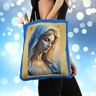 Tote Bag Gold Blue Christian Virgin Mary
