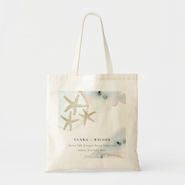 Tote Bag Gold Dusky Blue Beachy Starfish Aquarelle Mariage (Devant)