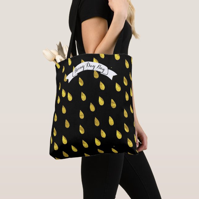 Tote Bag Gold Raindrop Rainy Day Motif (De près)