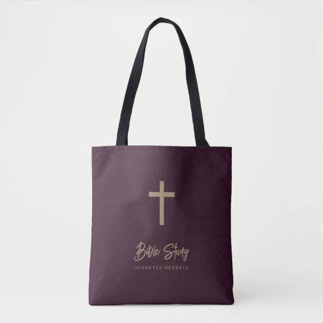 Tote Bag Gold Script Bugundy Leather Look Bible Study (Devant)