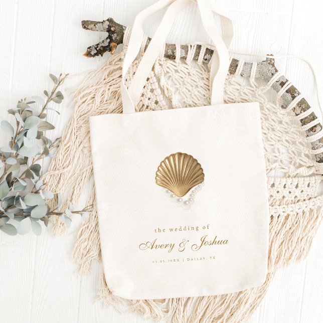 Tote Bag Gold Seashell Custom Coastal Wedding Favor (Créateur téléchargé)