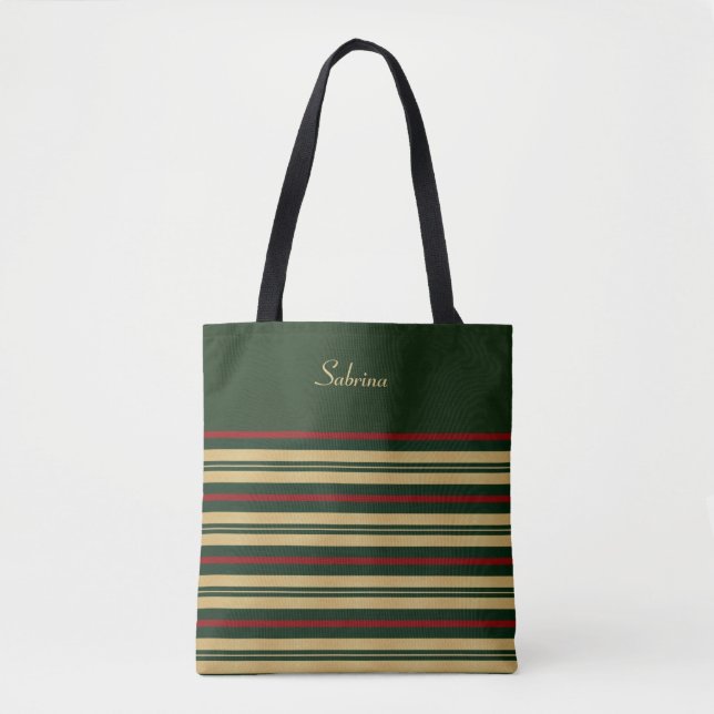 Tote Bag Gold vert et Red Christmas Stripes (Devant)