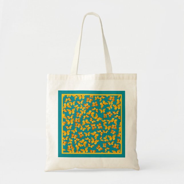 Tote Bag, Golden Butterflies on Teal Bag (Front)
