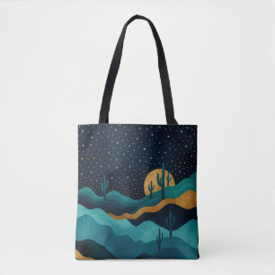 Tote Bag Golden Desert Nightscape - Cactus Art Abstrait