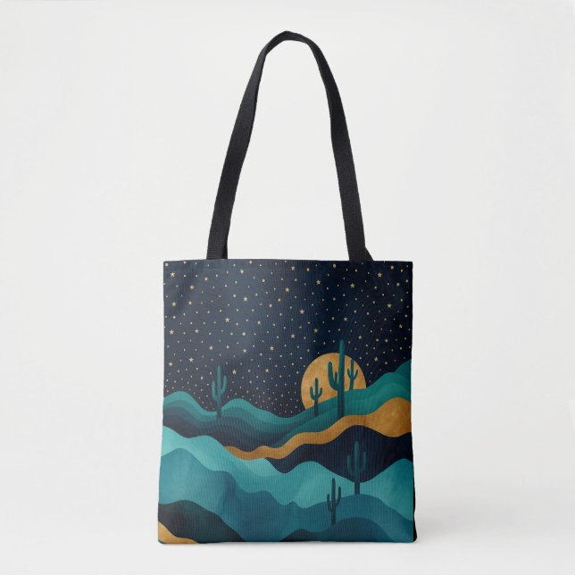 Tote Bag Golden Desert Nightscape - Cactus Art Abstrait (Devant)