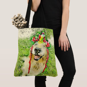 Tote Bag Golden Retriever Chien à l'aquarelle de la couronn