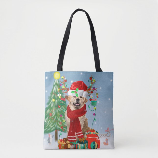 Tote Bag Golden Retriever Dog en neige avec cadeaux de Noël (Devant)
