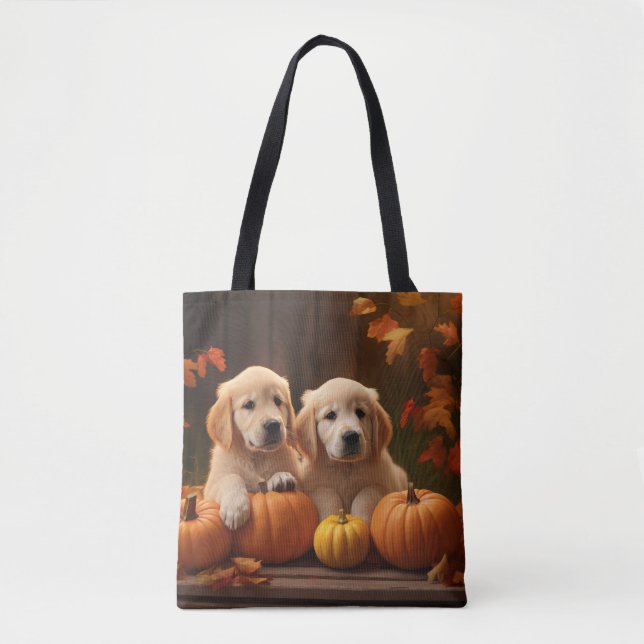 Tote Bag Golden Retriever Puppy Automne Citrouille de plais (Devant)