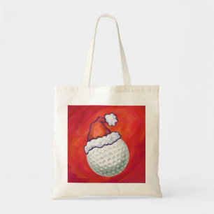 Tote Bag Golf Ball in Santa Hat on Red