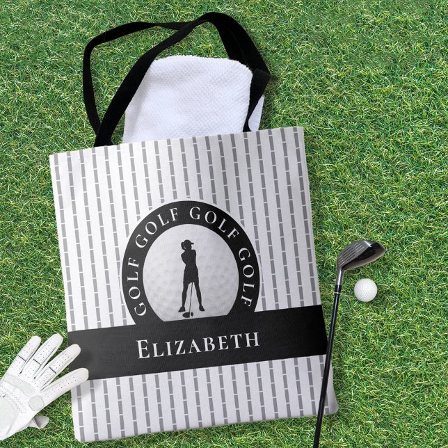 Tote Bag Golf sur mesure Monogramme Nom Gris & Noir Sports (Custom Golf Monogrammed Name Gray & Black Sports Tote Bag)