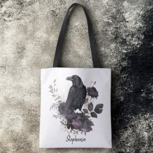 Tote Bag Gothic Raven & Midnight Blooms (Floral black raven personalized tote bag)
