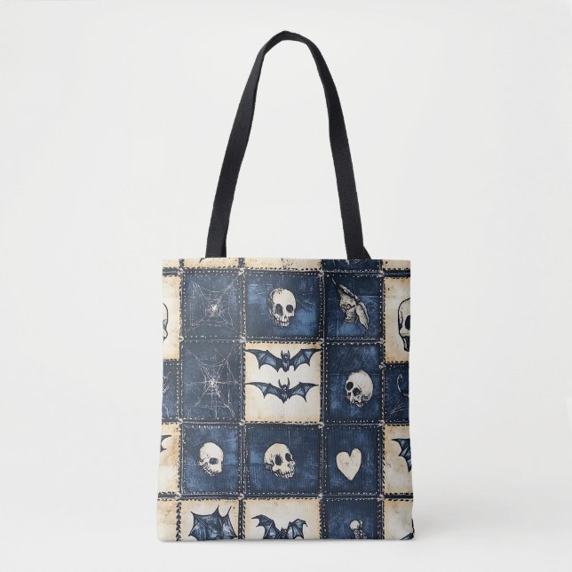 Tote Bag Gothique Halloween Denim Patchwork Motif (Devant)
