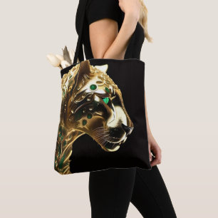 Tote Bag Grâce royale : le jaguar doré orné d'émeraudes