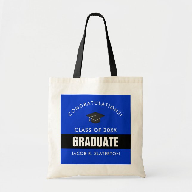 Tote Bag Graduation en noir et bleu personnalisée (Devant)