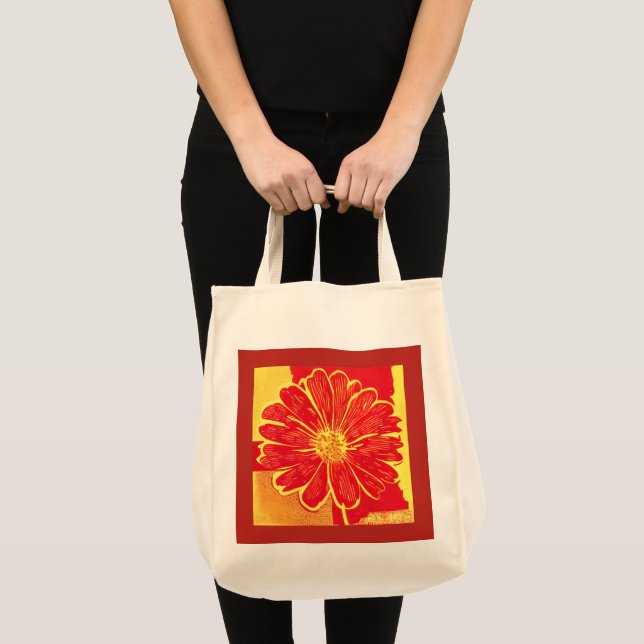 Tote Bag Grand Aster marguerrier en rouge, jaune et safran (Devant (produit))