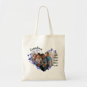 Tote Bag Grand-mère coeur de fleur avec petits-enfants Nom 