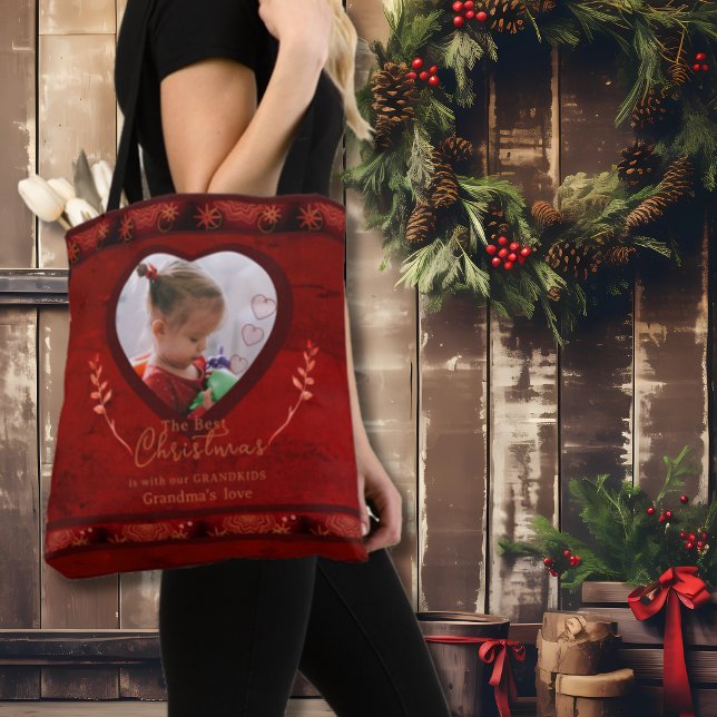 Tote Bag Grand-mère photo de Noël ROUGE (RED Christmas Photo Grandma Tote Bag)