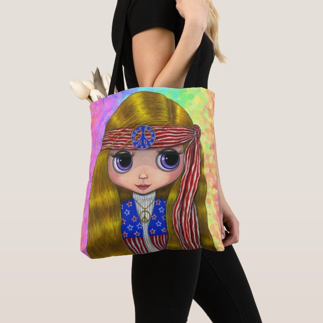 Tote Bag Grande poupée de fille d'oeil de poussin hippie (De près)