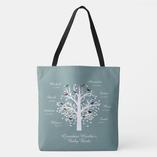 Tote Bag Grandma Tree (oiseaux) noms/dates personnalisés (Devant)