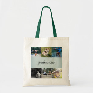 Tote Bag Grandma's Crew Custom 6 Photo Grid Sage Green Four