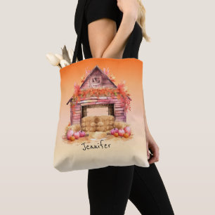 Tote Bag Grange Rose Clair et Citrouilles Orange Halloween