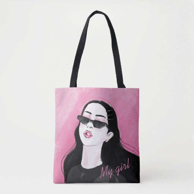 Tote Bag Graphique Personnalisé rose noir moderne fille imp (Devant)