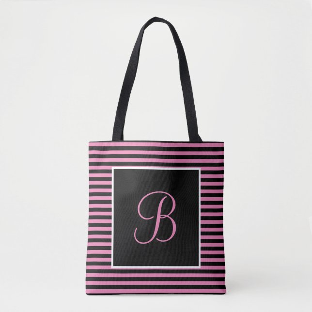 Tote Bag Gratuit initial personnalisé, rose et noir (Devant)