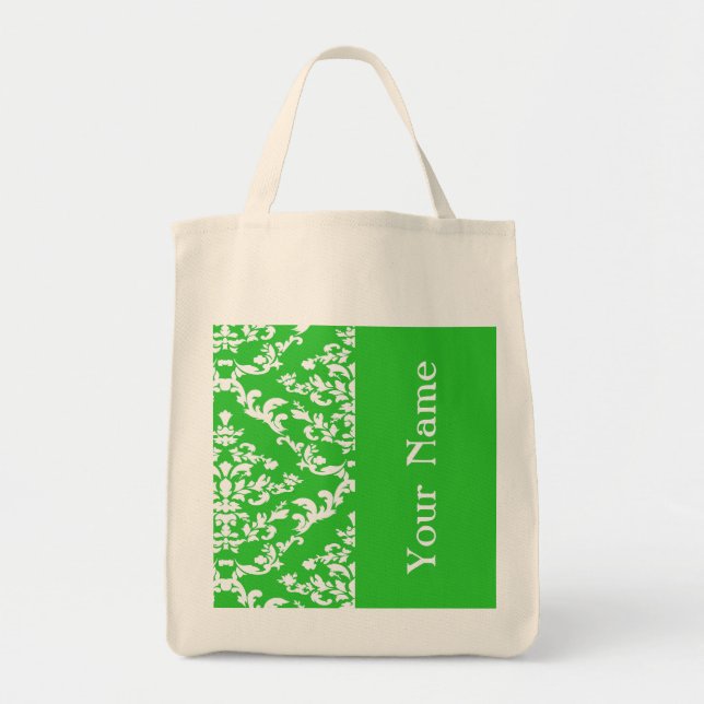 Tote Bag Green Bold Damask avec nom @ Emporiomoffa (Devant)