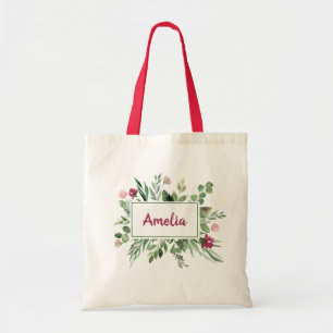 Tote Bag Green Burgundy Floral Leaf Leaves Girly Eco Name