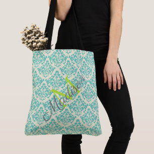 Tote Bag Green Damask Trendy Cute Girly Name Monogram