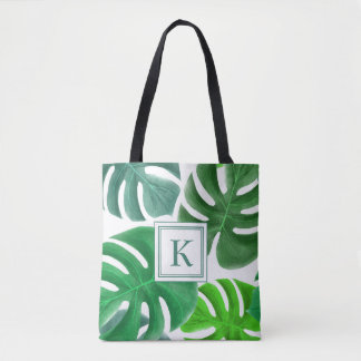 Tote Bag Green Monstera Plante Feuille Motif Monogramme
