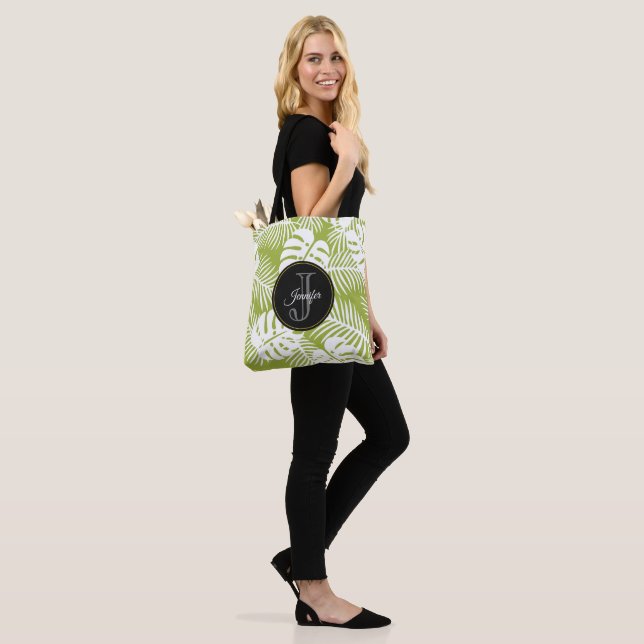 Tote Bag Green Palm Feuille Rainforest Motif Monogram (Sur le modèle)