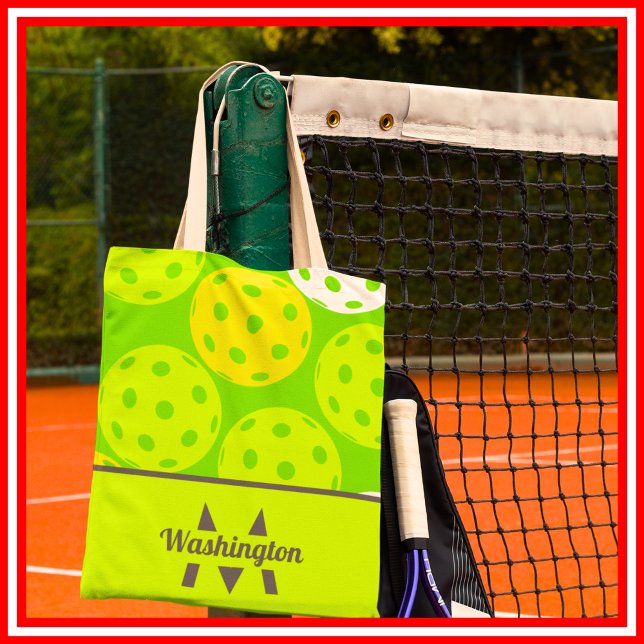 Tote Bag Green Pickleball Cool Moderne Monogramme (Green Pickleball Cool Modern Monogrammed Tote Bag)