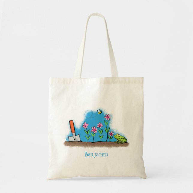 Tote Bag Grenouille mignonne et abeille dans le jardin dess (Devant)