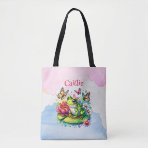 Tote Bag Grenouille personnalisée, fleurs et papillons bébé