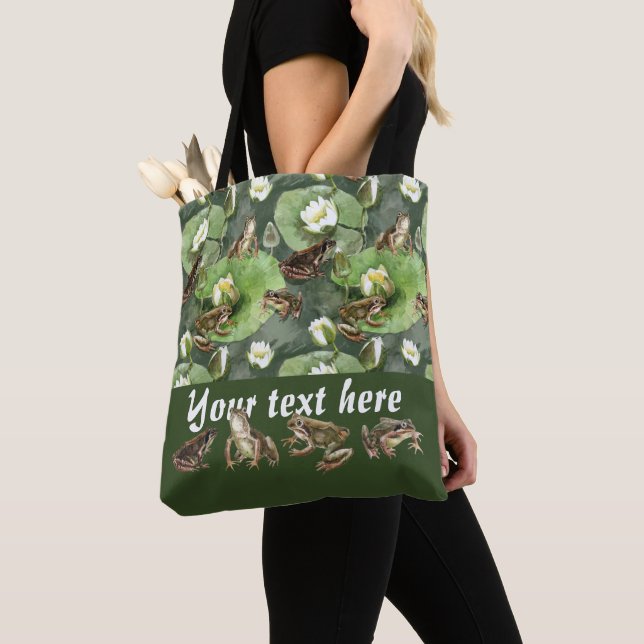 Tote Bag Grenouilles nénuphars verts et blancs motif (De près)