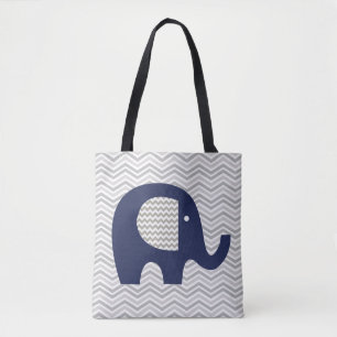 Tote Bag Gris Chevron Bleu Eléphant Bleu de la Marine